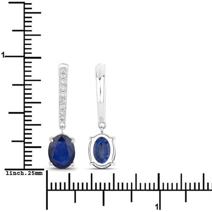 3.24 Carat Genuine Blue Sapphire and White Diamond 14K White Gold Earrings