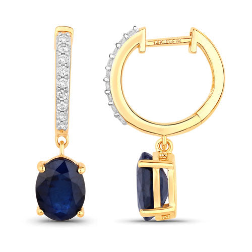 3.24 Carat Genuine Blue Sapphire and White Diamond 14K Yellow Gold Earrings