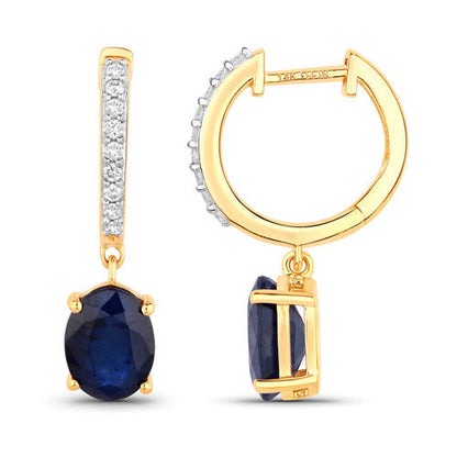 3.24 Carat Genuine Blue Sapphire and White Diamond 14K Yellow Gold Earrings