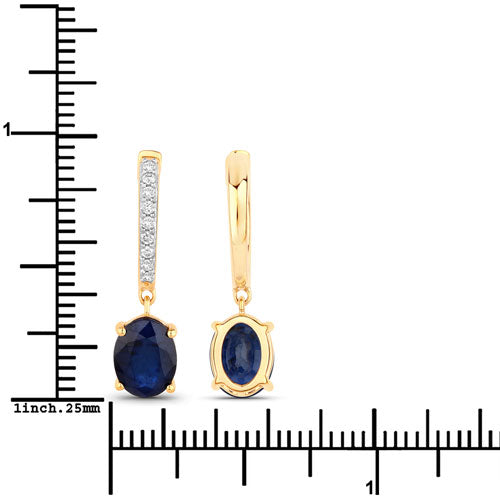 3.24 Carat Genuine Blue Sapphire and White Diamond 14K Yellow Gold Earrings