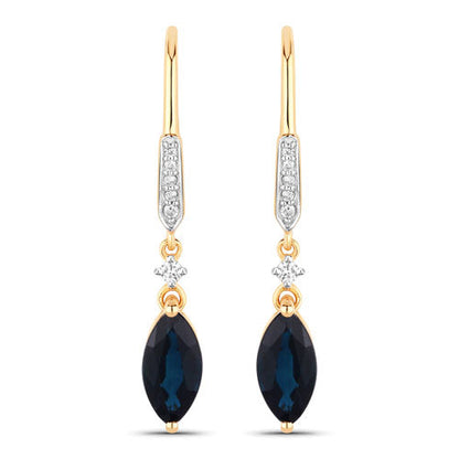 2.73 Carat Genuine Blue Sapphire and White Diamond 14K Yellow Gold Earrings