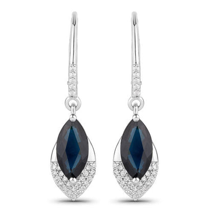 2.79 Carat Genuine Blue Sapphire and White Diamond 14K White Gold Earrings