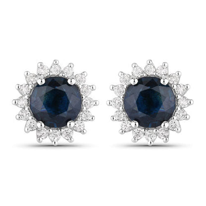 2.38 Carat Genuine Blue Sapphire and White Diamond 14K White Gold Earrings