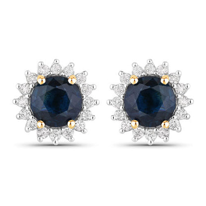 2.38 Carat Genuine Blue Sapphire and White Diamond 14K Yellow Gold Earrings