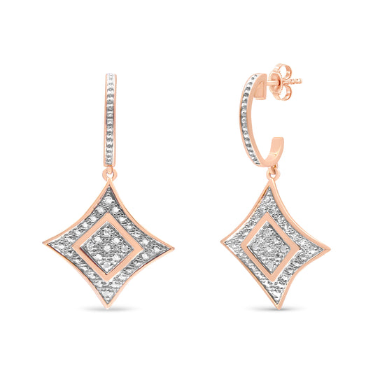 Boucles d'oreilles pendantes losange en argent sterling .925 plaqué or rose 14 carats avec accent de diamant taille ronde (couleur H-I, pureté I2-I3)