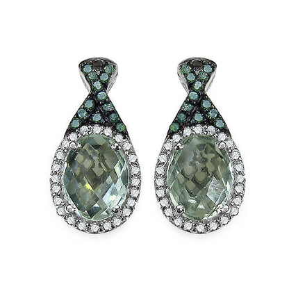 2.55 Carat Genuine Green Amethyst, Green Diamond & White Diamond .925 Sterling Silver Earrings