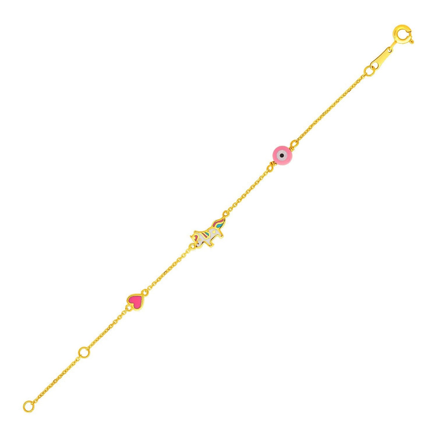14k Yellow Gold 5 1/2 inch Childrens Bracelet with Enameled Heart Unicorn and Circle