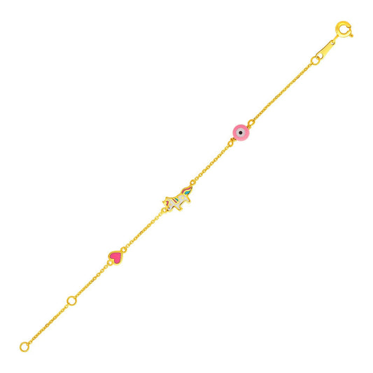Bracelet pour enfant en or jaune 14 carats de 5,5 pouces avec licorne en émail et cercle