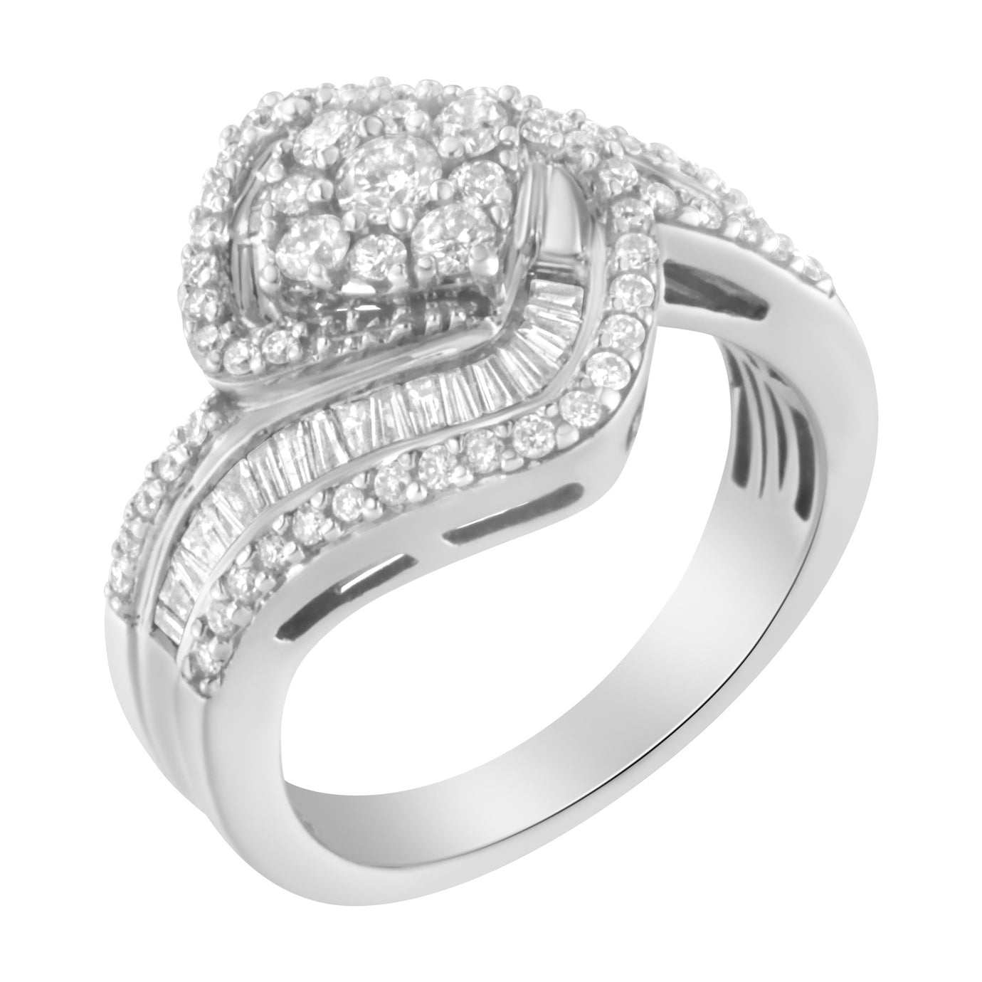 14K White Gold 1 Cttw Baguette and Round Diamond Floral Swirl Cluster Cocktail Ring