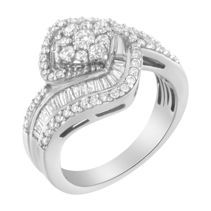 14K White Gold 1 Cttw Baguette and Round Diamond Floral Swirl Cluster Cocktail Ring