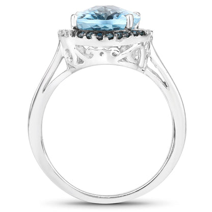 5.27 Carat Genuine Swiss Blue Topaz, Blue Diamond and White Diamond .925 Sterling Silver Ring