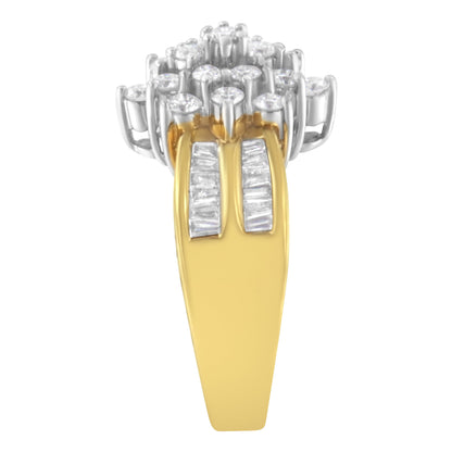10K Yellow Gold 1.0 Cttw Round & Baguette Cut Diamond Floral Cluster Double-Channel Flared Band Statement Ring (H-I Color, SI2-I1 Clarity) - Size 6-1/2