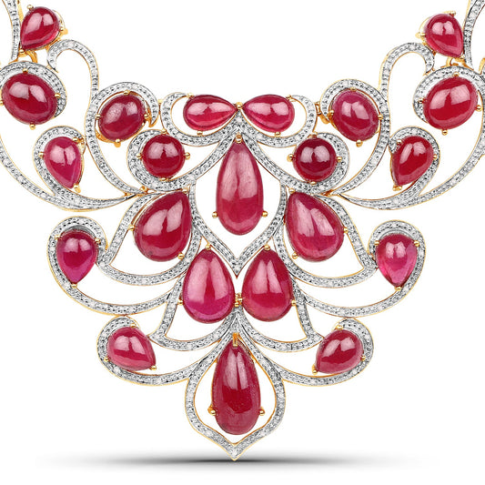 Collier en argent sterling .925 orné de rubis de 160,14 carats traités et de diamants blancs