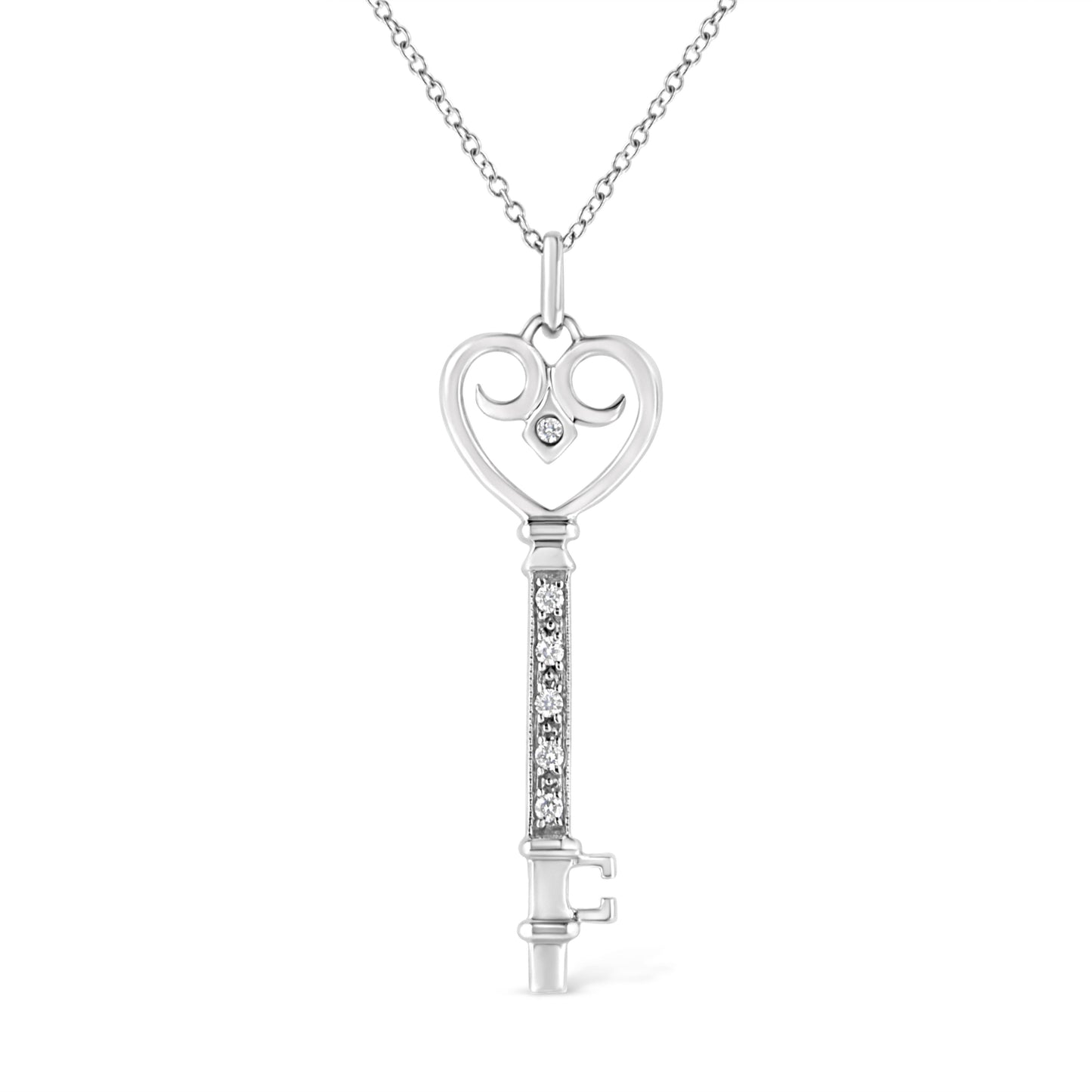 .925 Sterling Silver Pave and Bezel-Set Diamond Accent Key 18" Heart and Lock Pendant Necklace (K-L Color, I1-I2 Clarity)