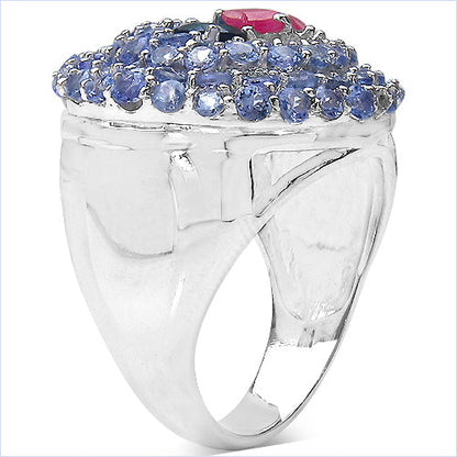 3.31 Carat Genuine London Blue Topaz , Ruby & Tanzanite .925 Sterling Silver Ring