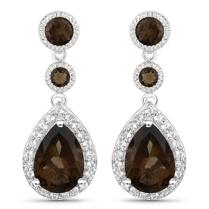 7.34 Carat Genuine Smoky Quartz and White Topaz .925 Sterling Silver Earrings