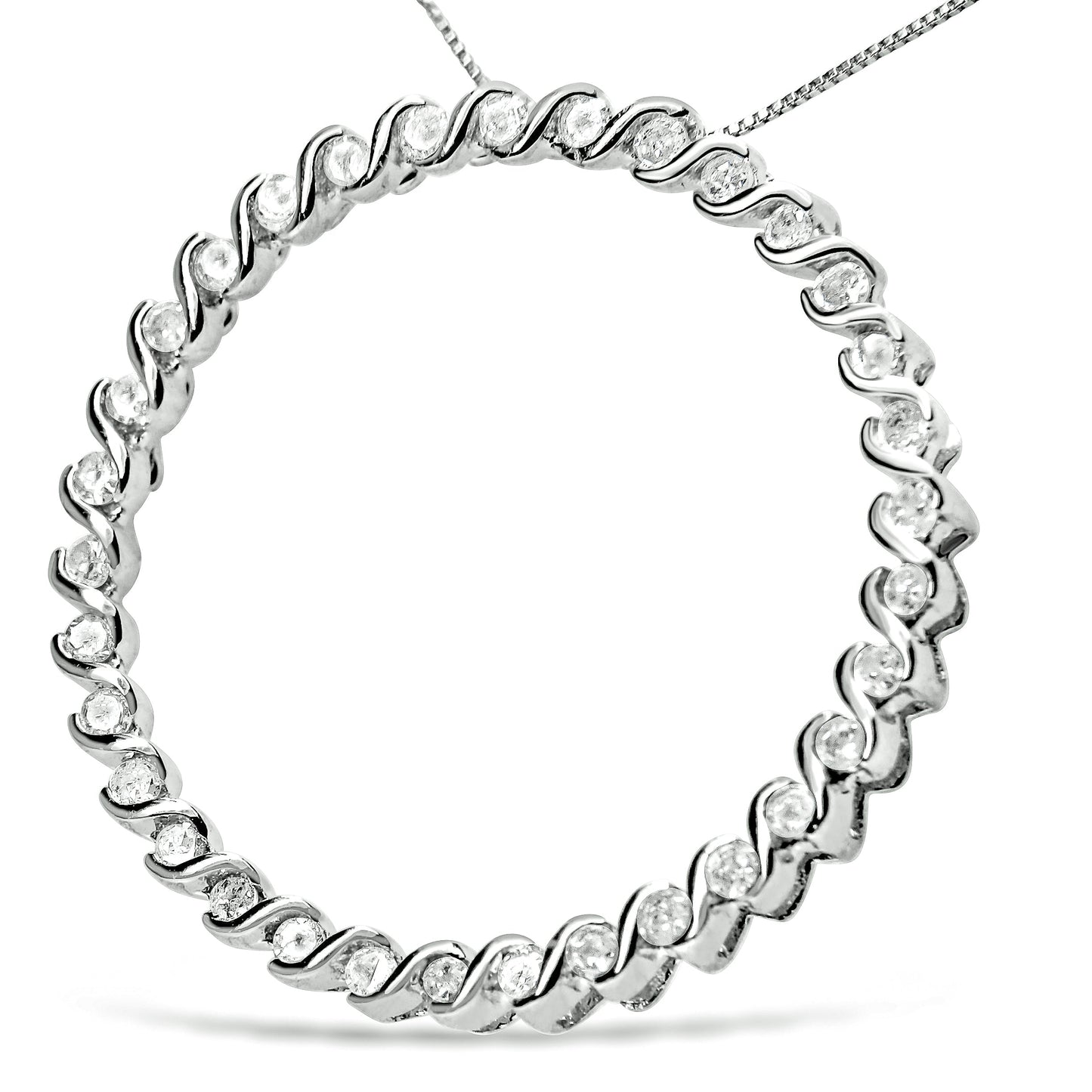 .925 Sterling Silver 3/4 Cttw Round Diamond Spiral Curved Circle Pendant 18" Necklace (I-J Color, I3 Clarity)