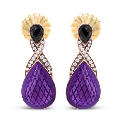 18K Rose Gold Flash Plated .925 Sterling Silver Purple Enamel 1/5 Cttw Round Pave-Set Diamond and 5.5 x 4mm Pear-Shaped Black Onyx Drop Earrings (F-G Color, VS1-VS2 Clarity)