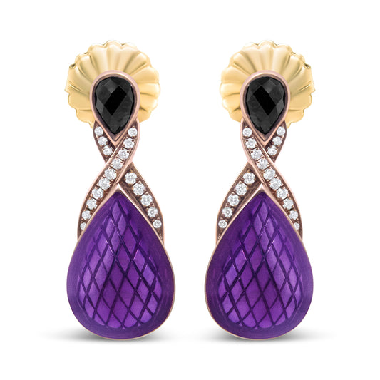Boucles d'oreilles pendantes en argent sterling .925 plaqué or rose 18 carats avec émail violet, diamant rond pavé 1/5 carat au total et onyx noir poire 5,5 x 4 mm (couleur F-G, clarté VS1-VS2)
