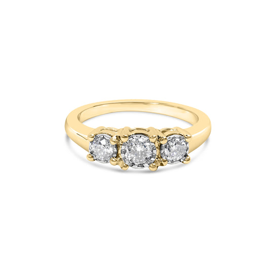 Bague illusion à trois pierres avec diamants ronds miracle de 1/2 carat total en or jaune 10K (couleur I-J, pureté I2-I3) - Taille 7