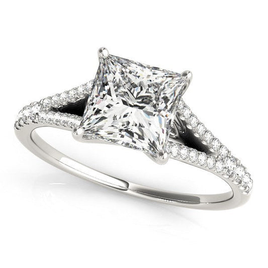 Bague de Fiançailles en Or Blanc 14 carats avec Diamant Taille Princesse et Anneau Fendu (1,125 ct poids total)