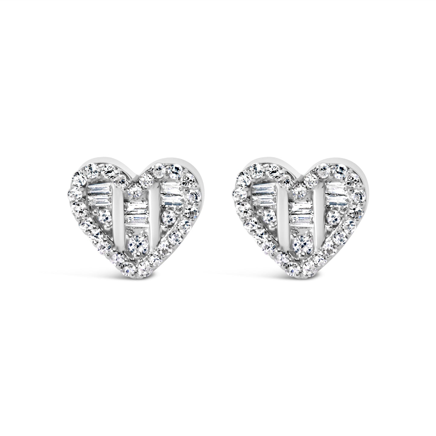 14K Yellow Gold Plated .925 Sterling Silver 1/2 Cttw Round and Baguette Diamond Composite Heart Shaped Stud Earring (I-J Color, SI2-I1 Clarity)
