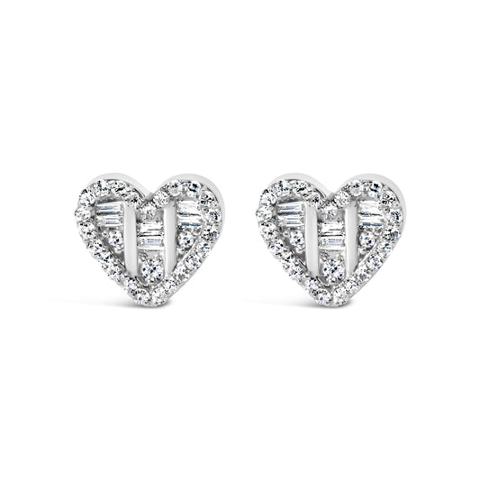 Clous d'oreilles en forme de cœur en argent sterling 925 plaqué or jaune 14 carats avec diamants ronds et baguettes de 0,50 carat (couleur I-J, pureté SI2-I1)