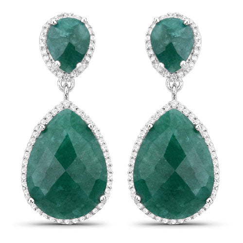 19.42 Carat Dyed Emerald and White Topaz .925 Sterling Silver Earrings