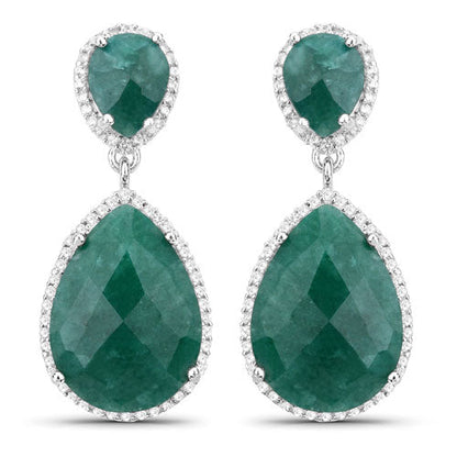 19.42 Carat Dyed Emerald and White Topaz .925 Sterling Silver Earrings