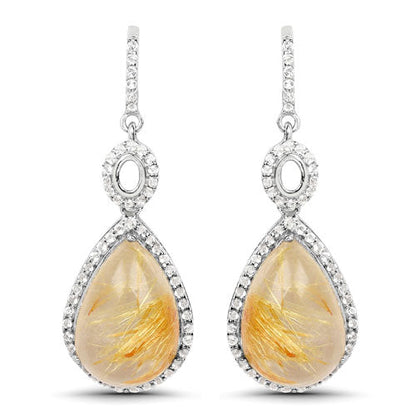 10.04 Carat Genuine Golden Rutile And White Topaz .925 Sterling Silver Earrings