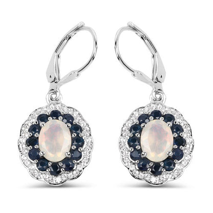 2.80 Carat Genuine Ethiopian Opal, Blue Sapphire and White Topaz .925 Sterling Silver Earrings
