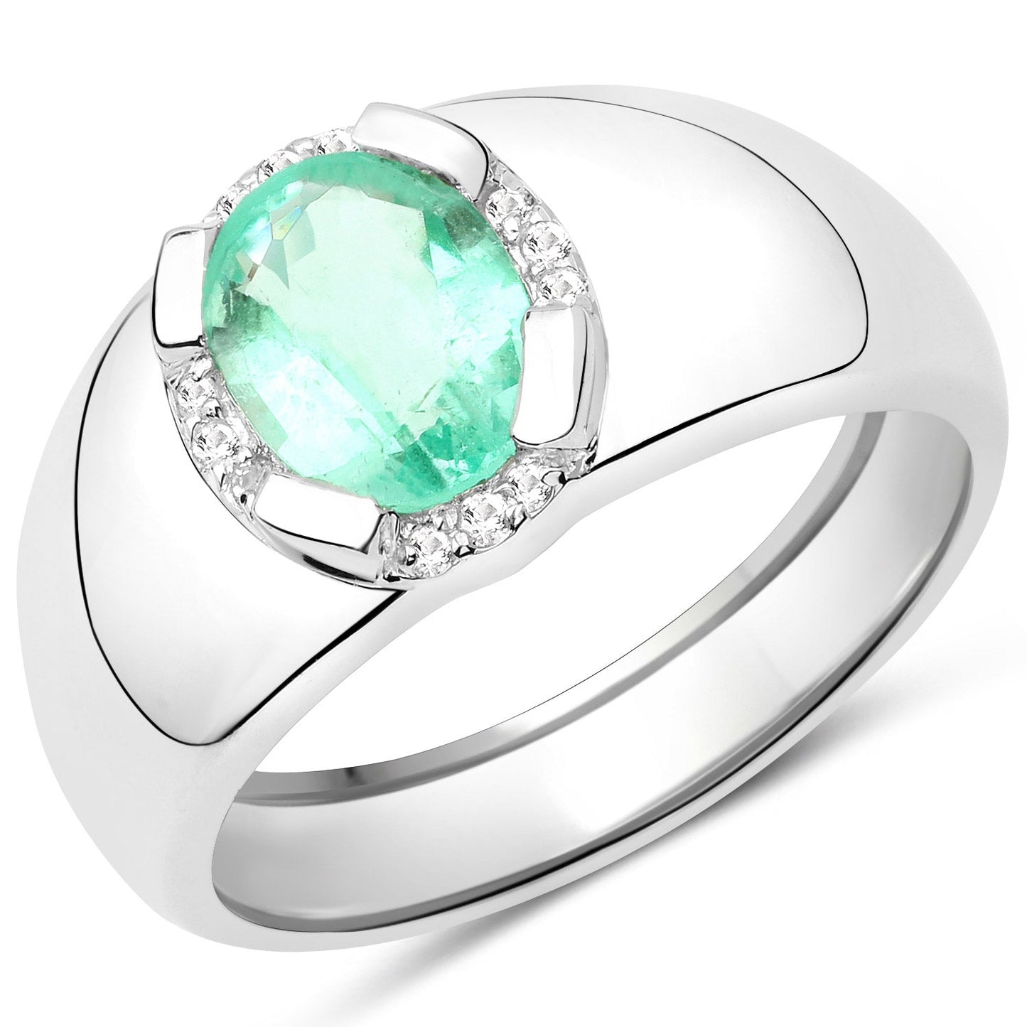 1.10 Carat Genuine Emerald and White Topaz .925 Sterling Silver Ring
