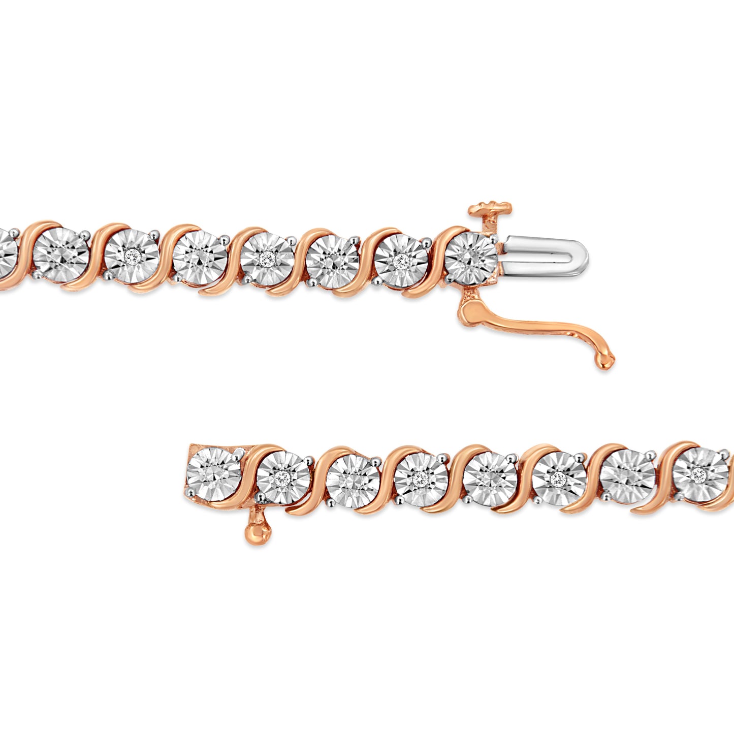 14K Rose Gold Plated .925 Sterling Silver 1/10 Cttw Diamond Round Miracle Plate and "S" Link Tennis Bracelet (I-J Color, I2- I3 Clarity) - 7"