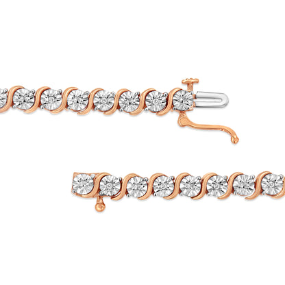 14K Rose Gold Plated .925 Sterling Silver 1/10 Cttw Diamond Round Miracle Plate and "S" Link Tennis Bracelet (I-J Color, I2- I3 Clarity) - 7"