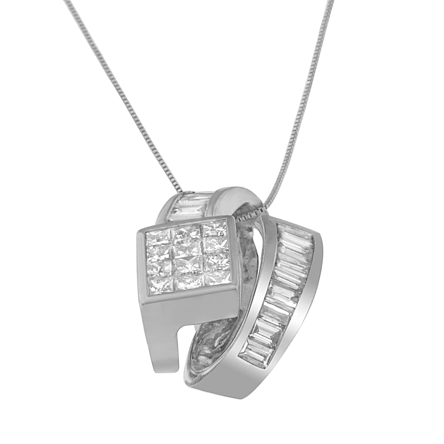 14K White Gold 2 cttw Princess and Baguette Cut Diamond Double Loop Pendant Necklace (G-H, VS1-VS2)