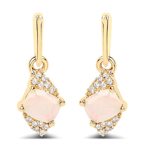 0.57 Carat Genuine Ethiopian Opal and White Diamond 14K Yellow Gold Earrings
