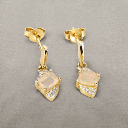 0.57 Carat Genuine Ethiopian Opal and White Diamond 14K Yellow Gold Earrings