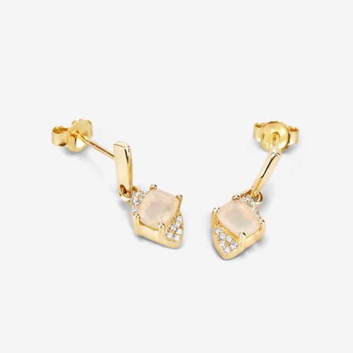 0.57 Carat Genuine Ethiopian Opal and White Diamond 14K Yellow Gold Earrings