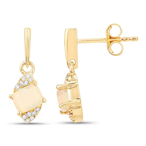 0.57 Carat Genuine Ethiopian Opal and White Diamond 14K Yellow Gold Earrings