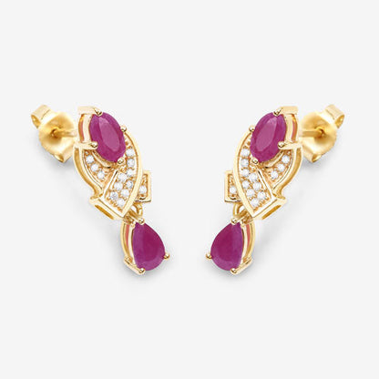 1.12 Carat Genuine Ruby and White Diamond 14K Yellow Gold Earrings