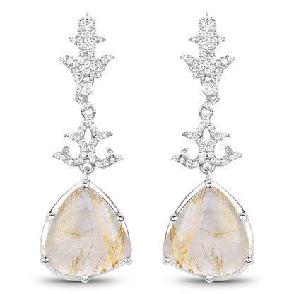 15.97 Carat Genuine Golden Rutile And White Topaz .925 Sterling Silver Earrings