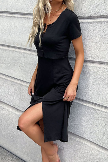 Perfee Buttoned Short Sleeve Slit Dress
