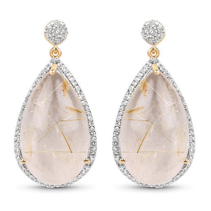 14K Yellow Gold Plated 35.15 Carat Genuine Golden Rutile and White Topaz .925 Sterling Silver Earrings