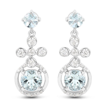 4.42 Carat Genuine Aquamarine and White Zircon .925 Sterling Silver Earrings