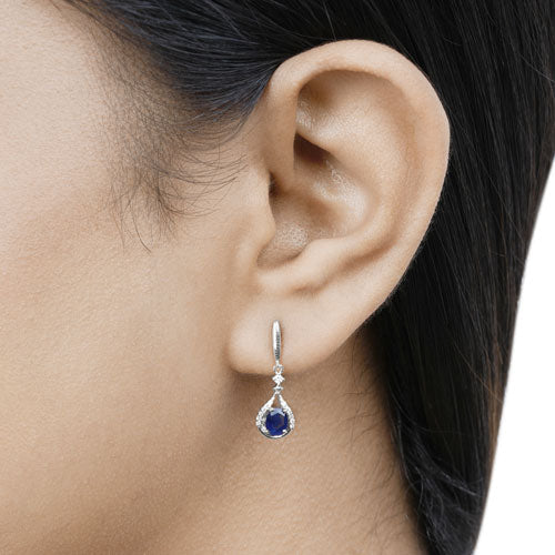 0.86 Carat Genuine Blue Sapphire and White Diamond 14K White Gold Earrings