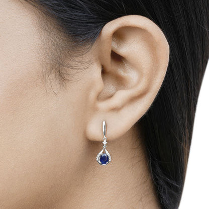 0.86 Carat Genuine Blue Sapphire and White Diamond 14K White Gold Earrings
