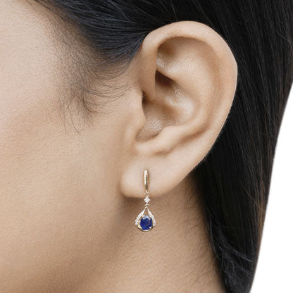 0.86 Carat Genuine Blue Sapphire and White Diamond 14K Yellow Gold Earrings