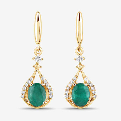 0.70 Carat Genuine Zambian Emerald and White Diamond 14K Yellow Gold Earrings