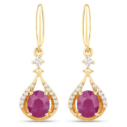 0.70 Carat Genuine Ruby and White Diamond 14K Yellow Gold Earrings
