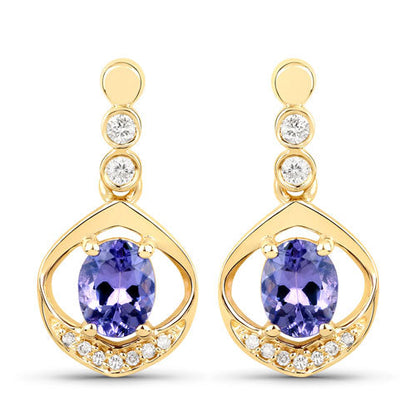 0.76 Carat Genuine Tanzanite and White Diamond 14K Yellow Gold Earrings